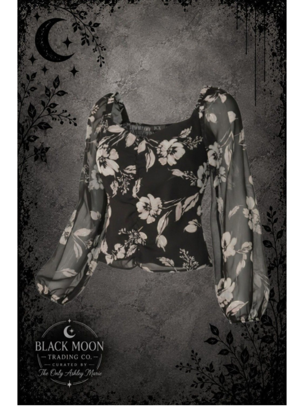 42. BCX Black Floral Sheer Sleeve Blouse NWT Size S
